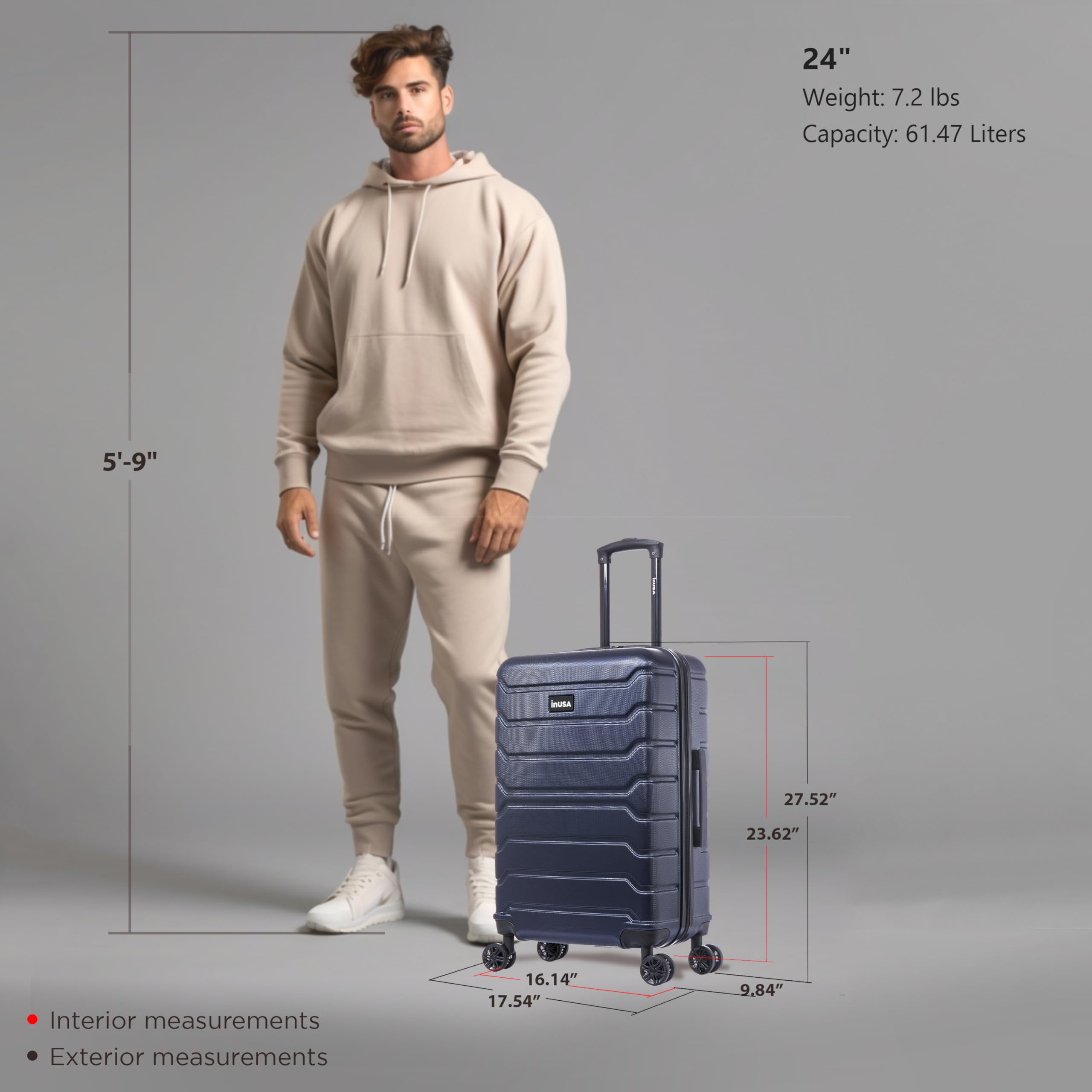InUSA Trend 24" Hardside Lightweight Luggage with Spinner Wheels, Handle, and Trolley, Blue