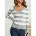 thumbnail image 6 of Women Long Sleeve Knit Tops Casual V-neck Striped Pullover Shirt Blouse for Club Streetwear, 6 of 10
