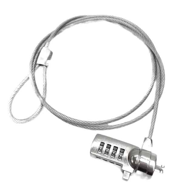 contraseña de computadora contraseña de computadora portátil antirrobo internet bloqueo de computadora Cerradura de combinación metálica Martten con cable de acero enrollado; vista frontal con cilindro de 4 dígitos y gancho, cable visible de 100 cm con bucle (incluye cable adicional de 40 cm según especificaciones), acabado plateado, indicada para bloqueo de laptops y gestión de equipos en cibercafés; a menudo usada también para asegurar estaciones de trabajo móviles.