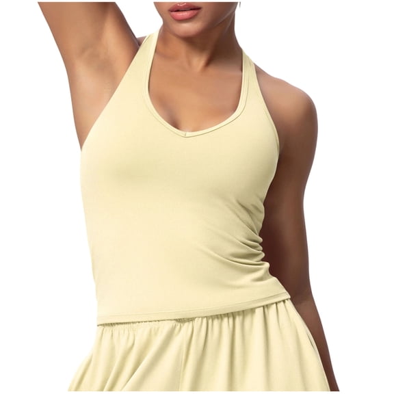 Stamzod Women's Halter Tank Top Racerback V Neck Sports Gym Yoga Shirts Casual Workout Tops Yellow L