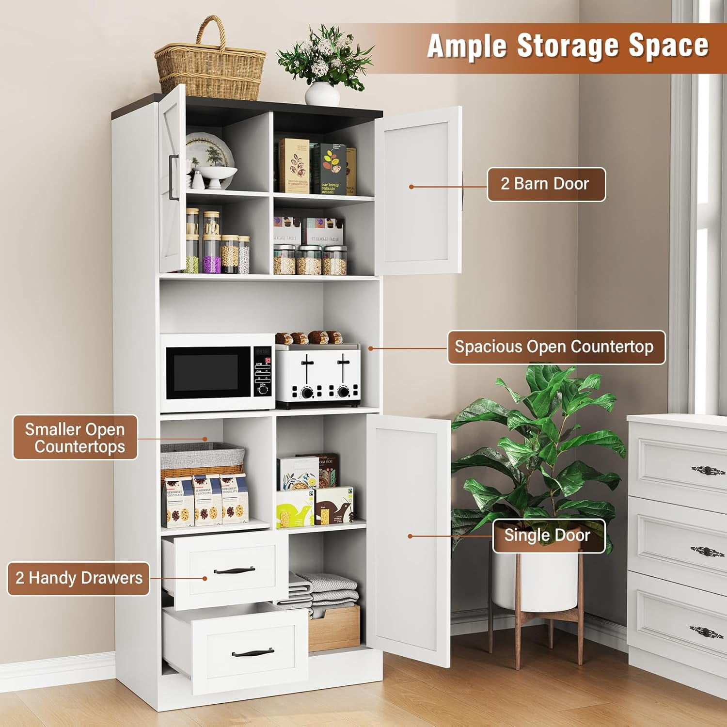 Frmobepts 68" Tall Kitchen Pantry with LED Lights, Free-standing Wood Storage Cabinet with Farmhouse Barn Doors for Dining Room, White