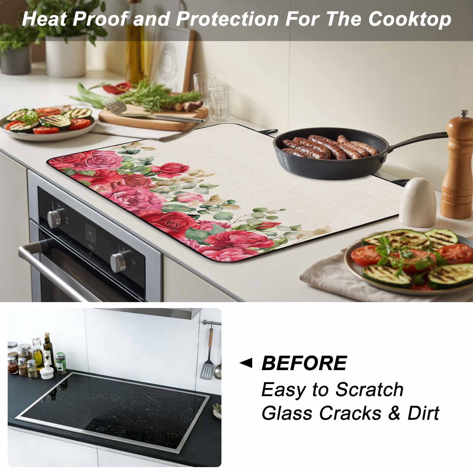 Roses Valentine's Day Stove Top Cover for Electric Stove, Heat-proof & Non Slip Glass Top Stove Cover Protector, Eucalyptus Leaves Floral Rustic Kitchen Flat Cooktop Rubber Mat 24x21 Inches