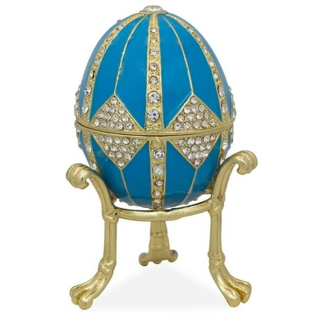 - Crystal Rhombus on Blue Enamel Royal Inspired Russian Egg 3.15 Inches