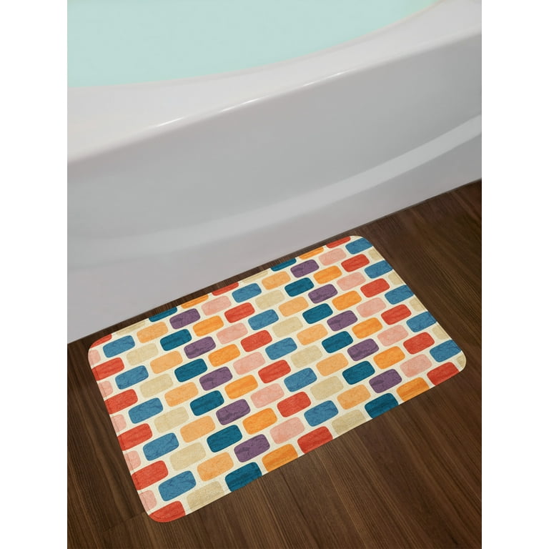 Off White Bath Mat, Colorful and Round Squares Architectural Like Brick  Wall Looking Design, Plush Bathroom Decor Mat with Non Slip Backing, 29.5  X