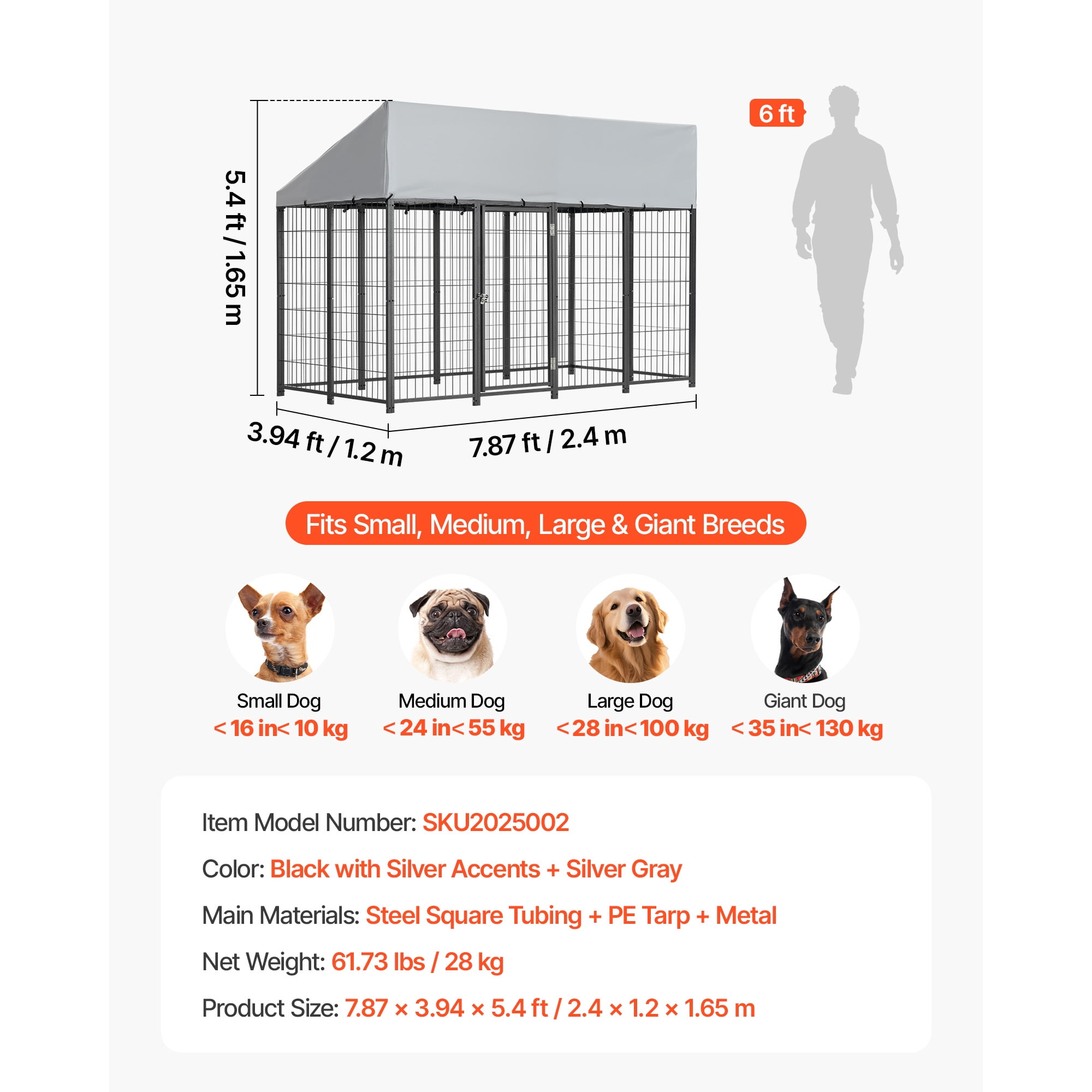 KFFKFF Outdoor Dog Kennel, 7.87 x 3.94 x 5.4 ft Spacious Pet Enclosure with Secure Lock, Weather-Resistant Roof Cover, Durable Metal Cage for Large Dogs