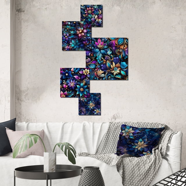 Designart "Moroccan Fantasy" Floral Wall Art Set Of 5 - Multicolor Glam Living Room Metal Art Set