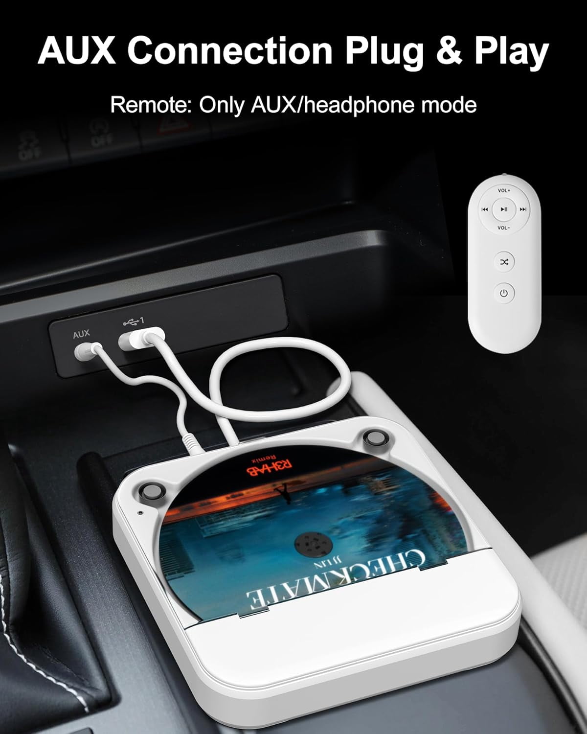 Car CD Player with USB/AUX Port, External Universal CD Player for Car with Car Radio Stereo, Portable Car CD Players with Remote Control for Laptop, TV, Computer,Universal for Vehicle