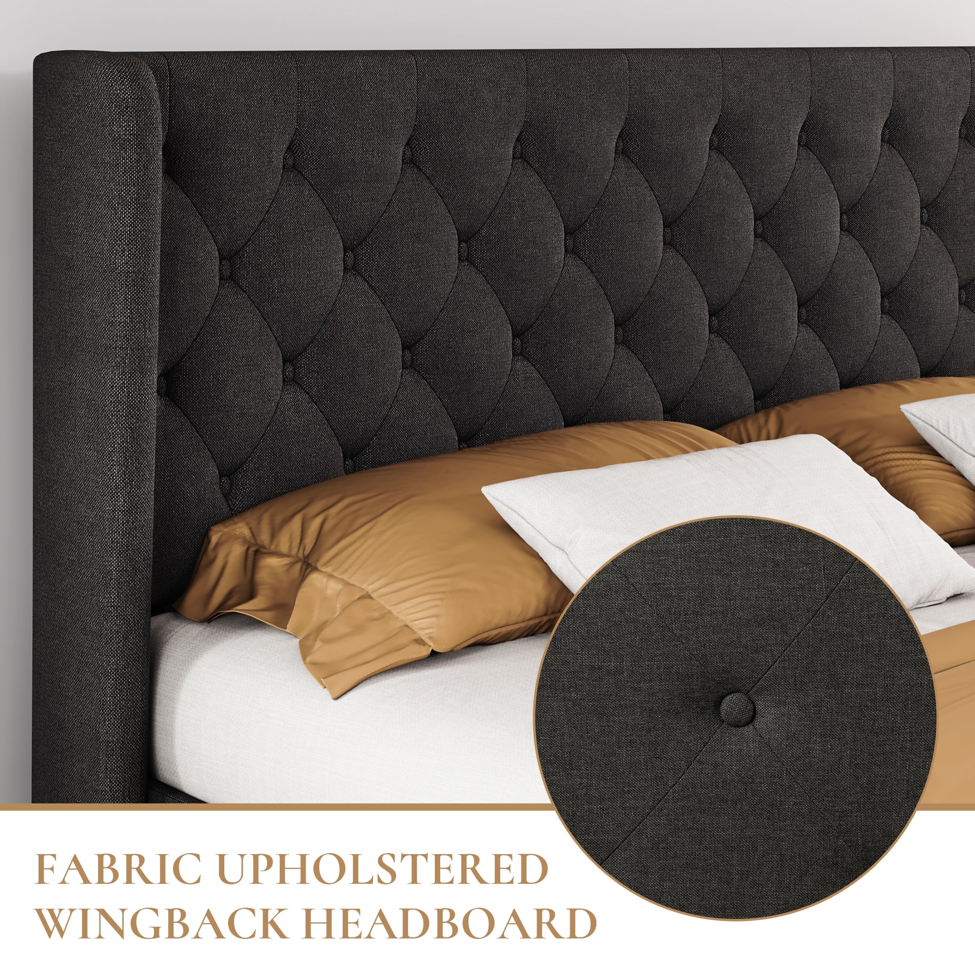 SHA CERLIN King Size Platform Bed Frame with Fabric Wingback&Tufted Upholstered Headboard, Dark Grey