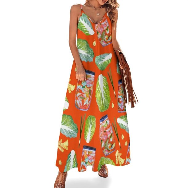 Vestido rojo sin mangas con estampado divertido y picante fermentado con ingredientes de acuarela de kimchi, vestido de fiesta de lujo para mujer, vestido de noche para graduación