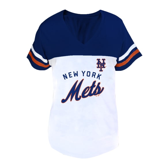 Women's Profile White/Royal New York Mets Plus Size Two-Stripe V-Neck T-Shirt