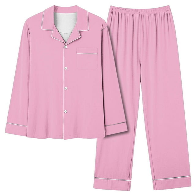 HNMKIU Pyjamas Femme Décontracté Col en V Poche Couleur Unie Long Pyjama Ensemble Pantalon