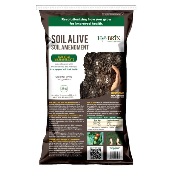 HyR BRIX Soil Alive 5-8-14 Soil Amendment, 45lb Bag - Soil Conditioner with Calcium & Sulfur - Essential Micronutrients to Restore Soil Health - Improves Microbial Activity - Covers 4,000 Square Feet