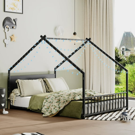 Bellemave Twin Size Metal House Bed with Roof and Colorful LED Lights Montessori House Bed with Headboard Floor Bed Frame, No Box Spring Needed (Twin, Black)