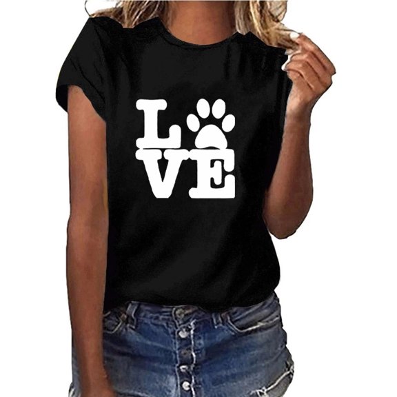 EQWLJWE Womens Love Paw Short Sleeve T-Shirt Dog Mom Funny Tees Letters Print O-Neck Casual Summer Tops Shirt