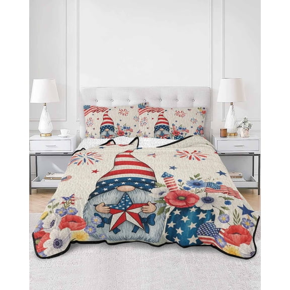 Quilts Twin Size, 4th of July Soft Comforter Bedding Set for Bed, Retro Patriotic Gnomes Flowers Flag Firework Lightweight Quilted Bedspread with Pillow Cover(2 Pieces) for All Season, 68x86 Inch