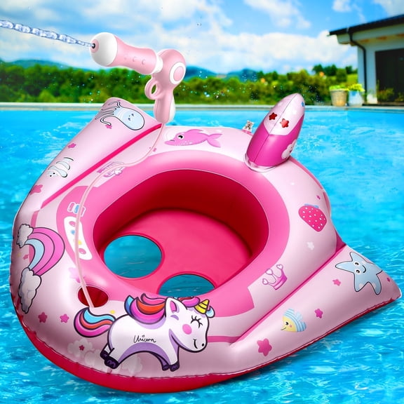 Hot Bee Kids Pool Float with Water Squirt Gun, Inflatable Pool Toys for Toddlers, Ride-on Unicorn Swimming Pool Toys, Outdoor Toys for Boys and Girls for Aged 3-8 Years