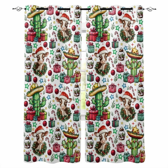 Hokiten Christmas Blackout Curtains | Light Blocking Print Window Curtains, Western Cow Cactus Xmas Balls Botanical Thermal Insulated Window Drapes for Living Room Kitchen (2 Panels, 104"W x 63"L)