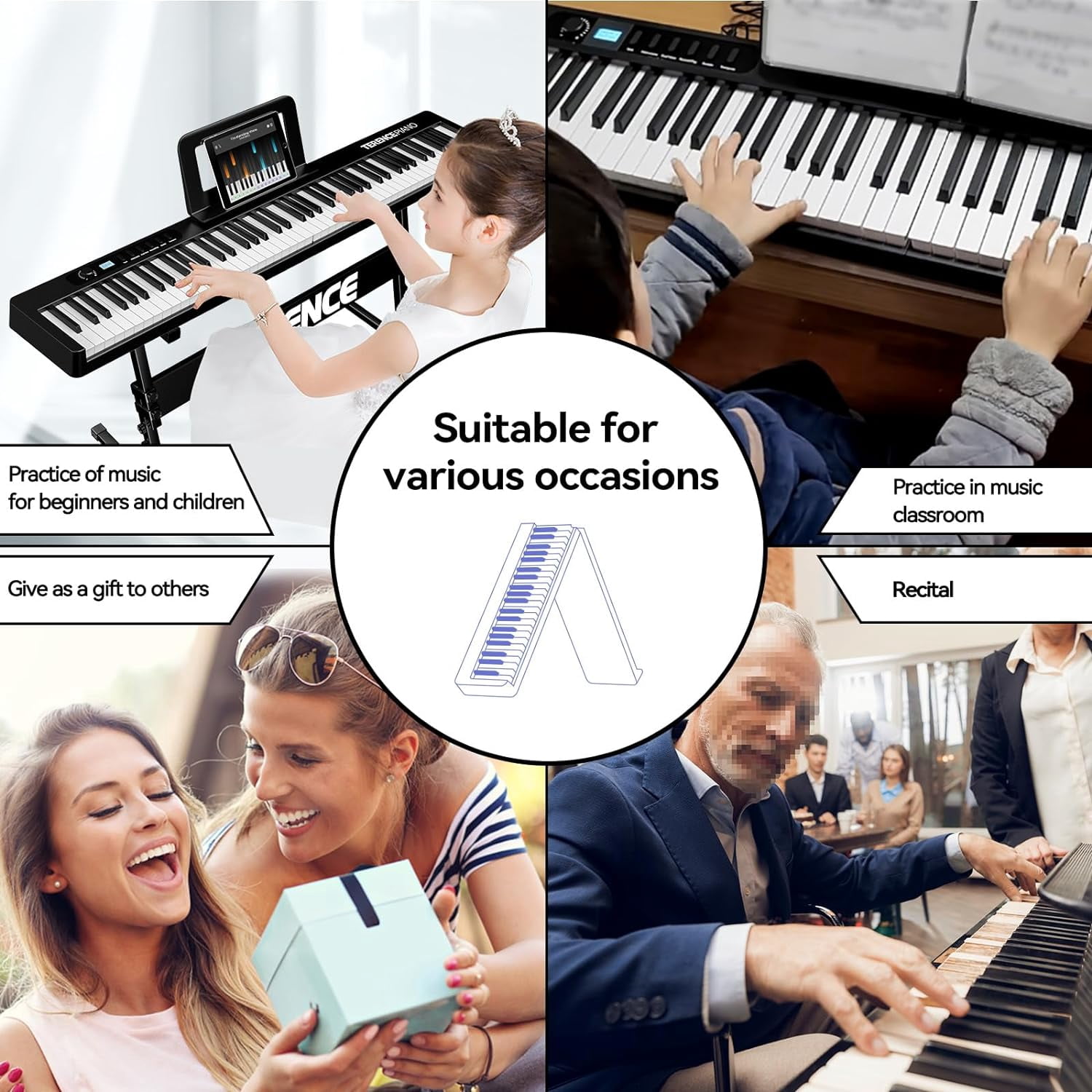 Terence 88-Key Semi-Weighted Folding Portable Electronic Piano with Bluetooth, LCD Screen, Speakers, 2X5W Speakers