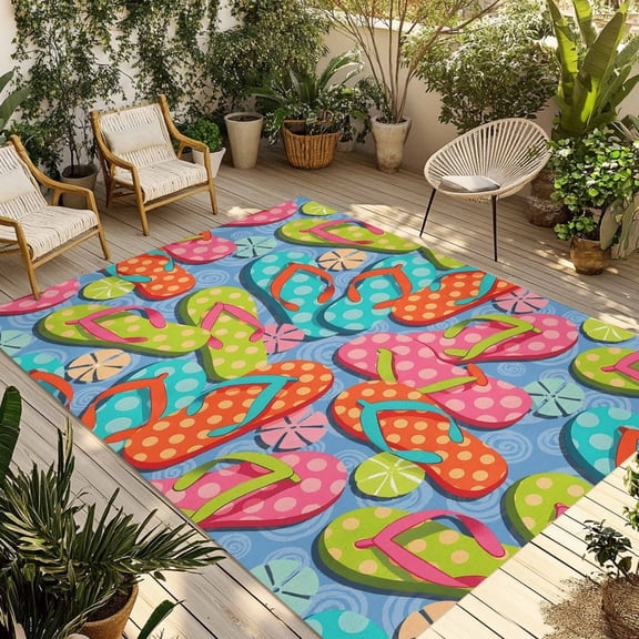 Watercolor Flip Flops Outdoor Rug for Patio/Deck/Porch, Non-Slip Large Area Rug 6 x 9 Ft, Summer Ocean Beach Slippers Blue Indoor Outdoor Rugs Washable Area Rugs, Reversible Camping Rug Carpet Runner