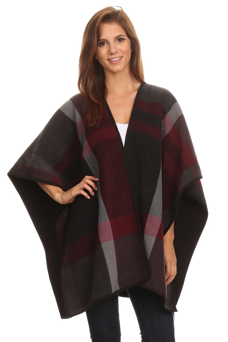 Women's Deluxe Reversible Plaid/Solid Winter Fleece Blanket Poncho With ...