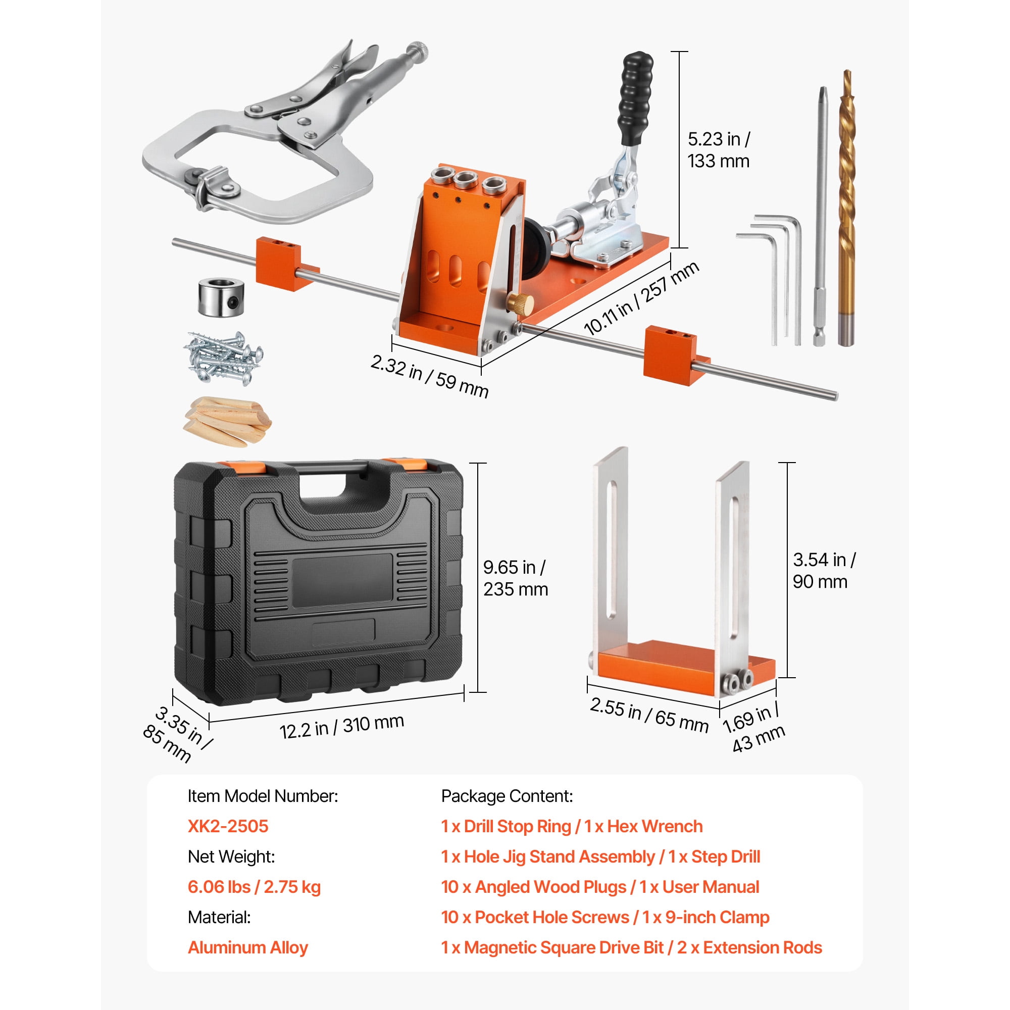 “1/2 to 1-1/2 Inch Adjustable Pocket Hole Jig Kit – Heavy-Duty Woodworking Tool Set with Toolcase, C-Clamp, Step Drill & Hex Wrench for DIY Furniture & Frame Assembly”