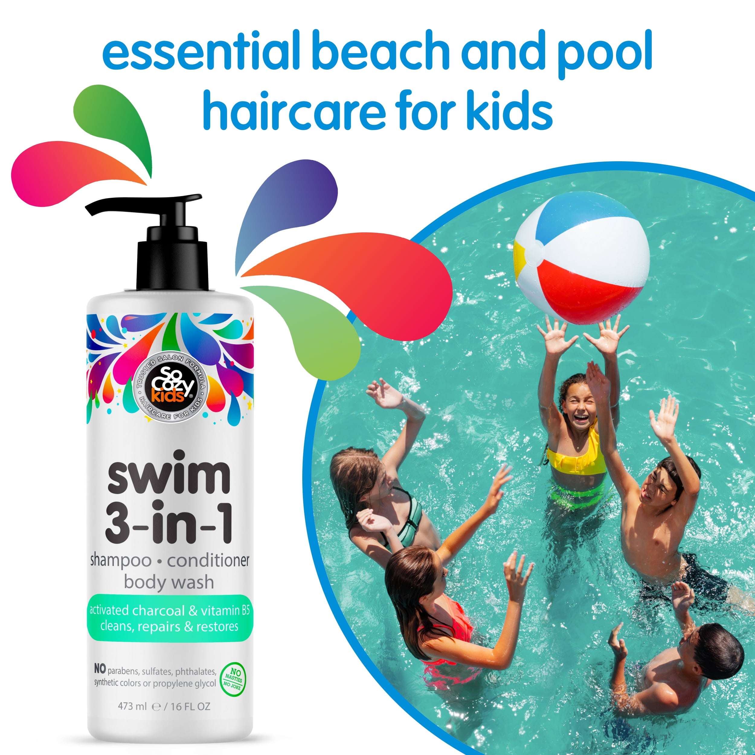 SoCozy Kids 3-in-1 Swim Shampoo + Conditioner + Body Wash, Removes Chlorine & Salt, 16 Oz