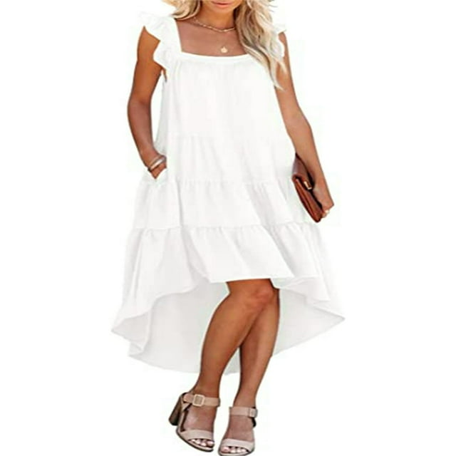 Women Summer Ruffled Sleeve Dress Contrast Color/Solid Color Square Neck Irregular Hem Dress for Beach Date