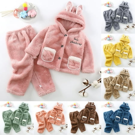 Jinhomg Fall Outfit for Little Kids Comfy Long Sleeve Button Down Hoodies and Solid Pants 2 Piece Thermal Soft Flannel Set Spring Saving Today Blue 8 Years