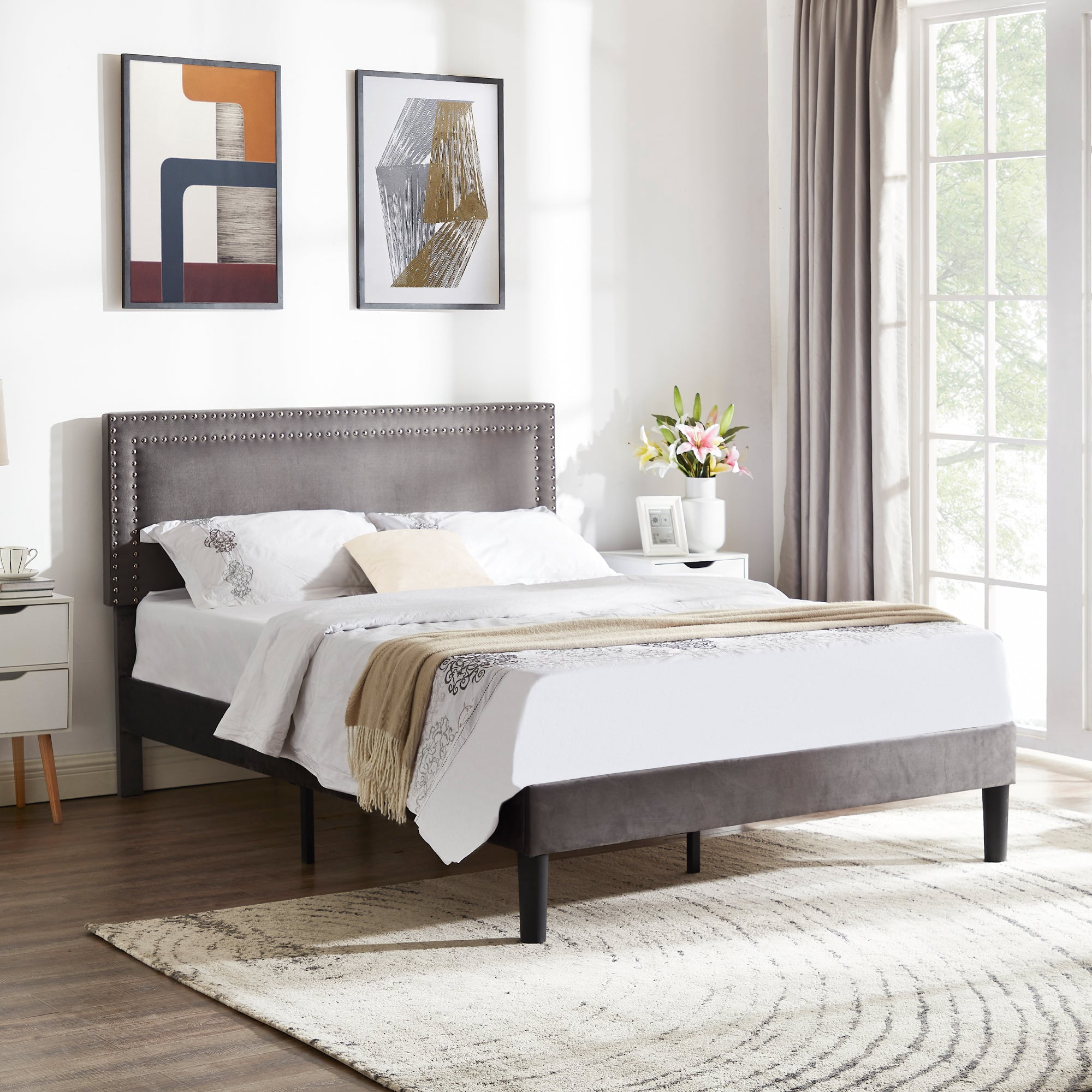 VECELO Queen Bed Frame, Upholstered Queen Size Platform Bed Frame with Adjustable Headboard, Strong Wood Slat Support, No Box Spring Needed, Dark Gray