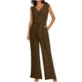 thumbnail image 2 of BRGZLK Womens Linen Cotton Jumpsuits Clearance Summer Fashion Solid Casual V Neck Sleeveless Belted High Waist Long Pants Rompers Brown S, 2 of 8
