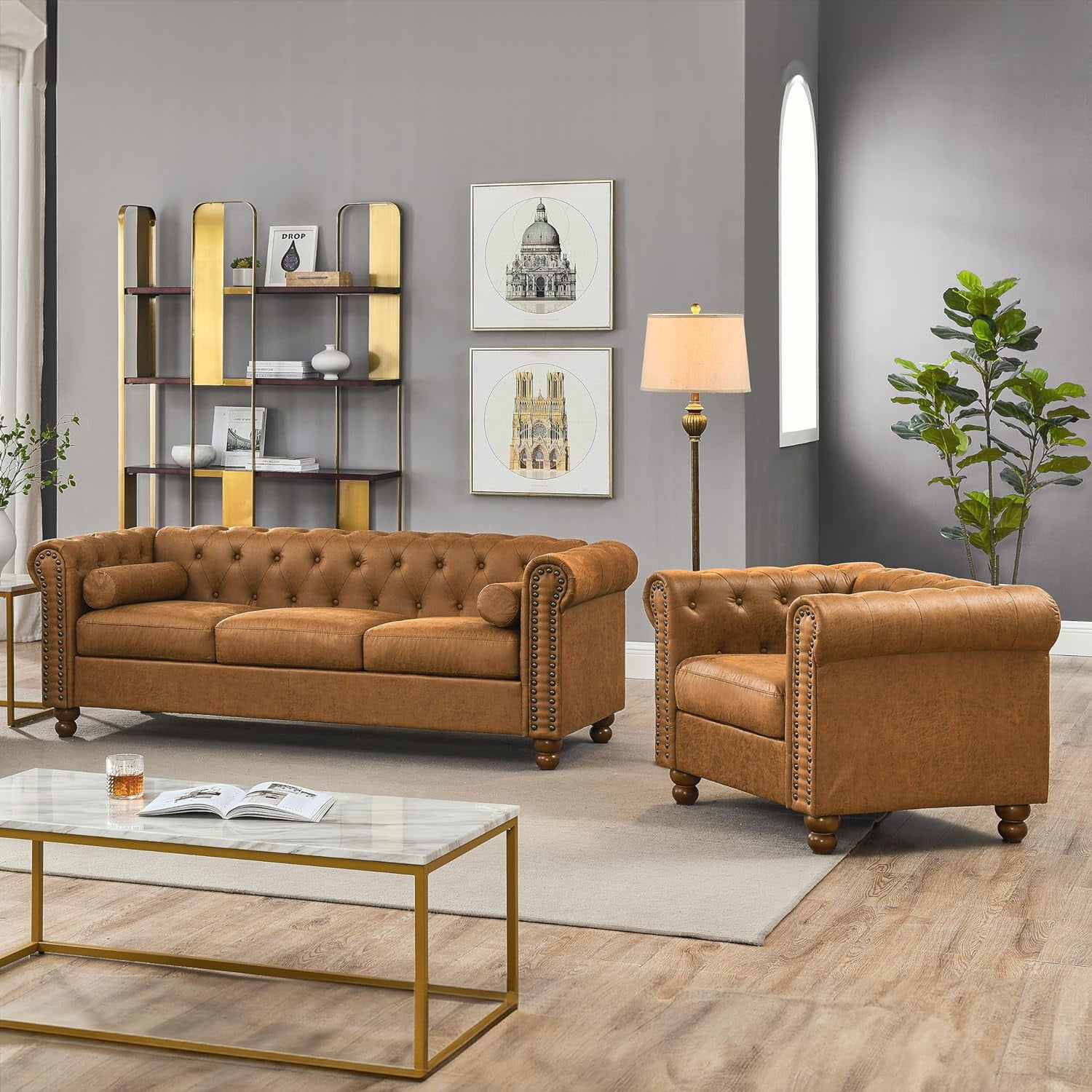 Luxurious Air Leather Chesterfield Sofa, 3-Seater with Rolled Arms, Tufted Design, Nailhead Accents, and Neck Roll Pillows for Cozy Living Spaces