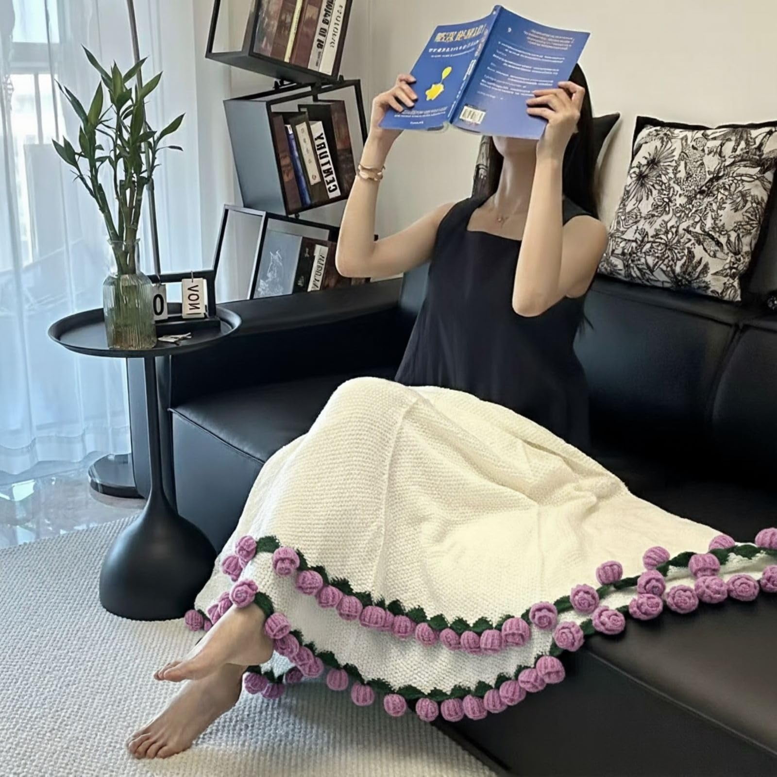 Pekkaxy Handmade Crochet Rose Bouquet Blanket, Soft Knit Throw for Bed Sofa Couch, Decorative Flower Blanket for Valentines, Birthday, Wedding Gift, 3 Sizes
