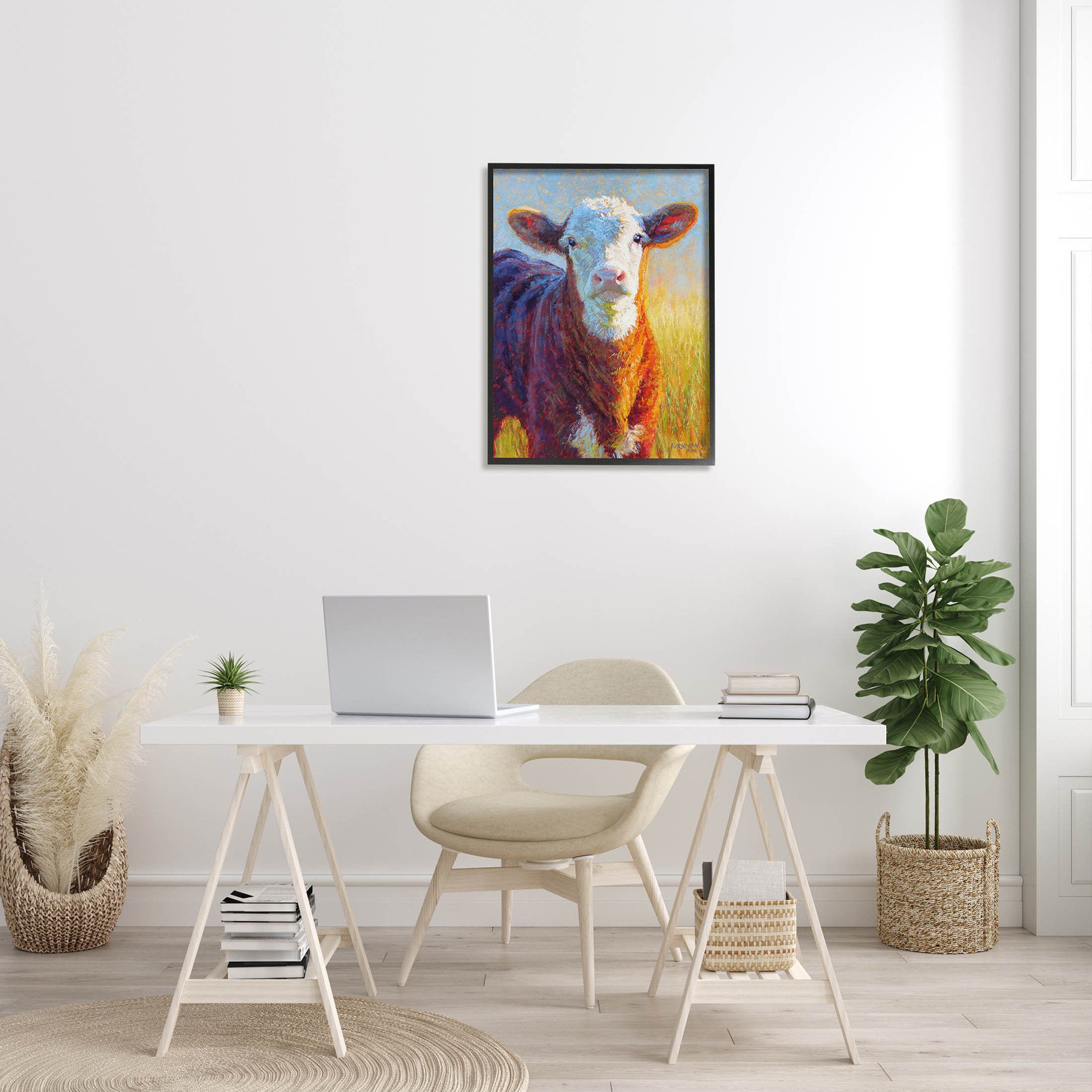 Happy Cow Farmhouse Grassland Animals & Insects Painting Black Framed Art Print Wall Art