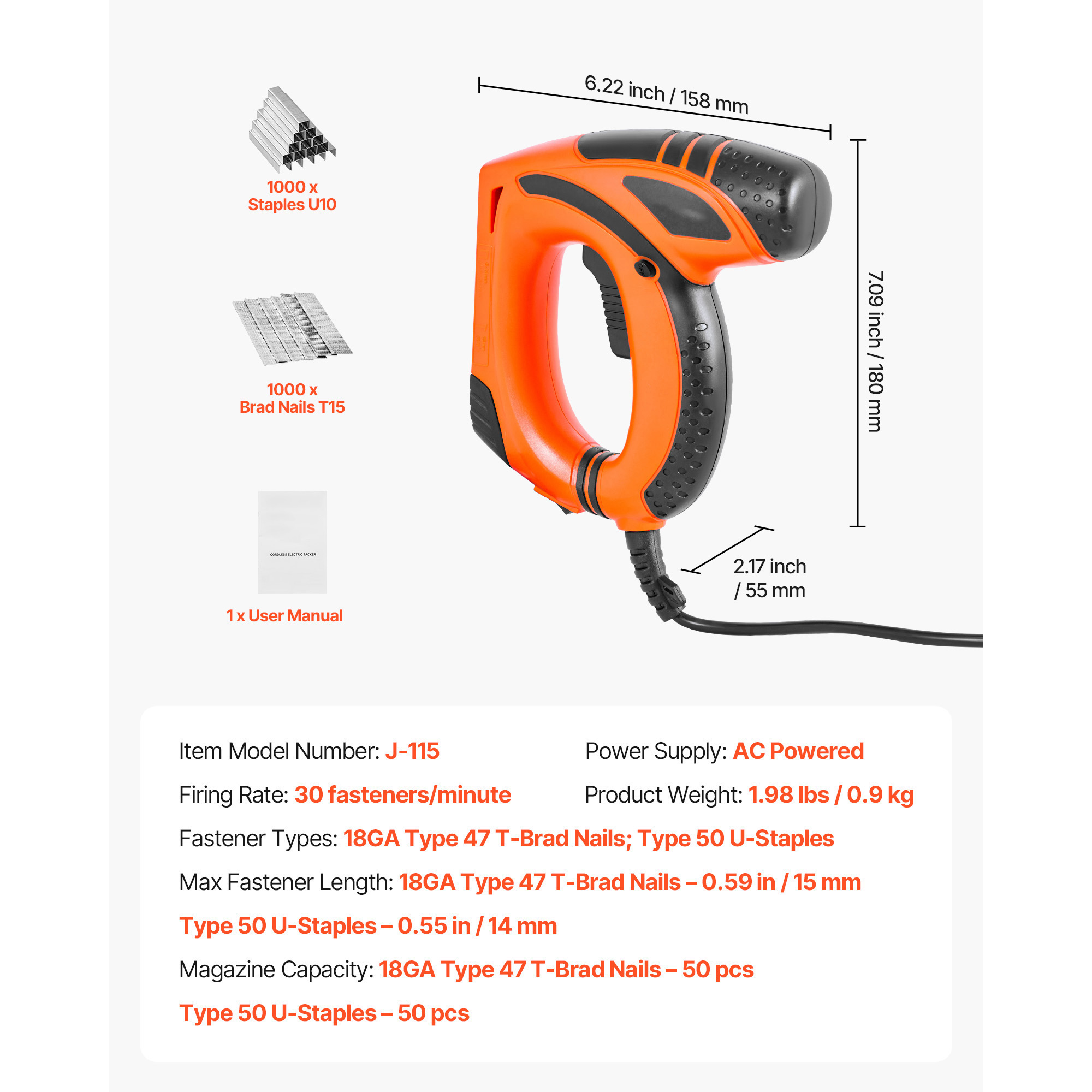 KFFKFF Electric Nail Gun, 2-in-1 Stapler and Brad Nailer, 18 Gauge 5/8 inch, Includes 1000 Staples and 1000 Nails, Non-Slip Rubber Handle, Ideal for Woodworking and DIY Applications