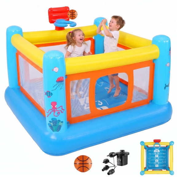 Inflatable Bounce House with Blower, Kids Bounce House for 3-6 with Basketball Hoop, PVC Indoor Jumping Bouncy Castle with Game Map for Backyard, Party, Garden