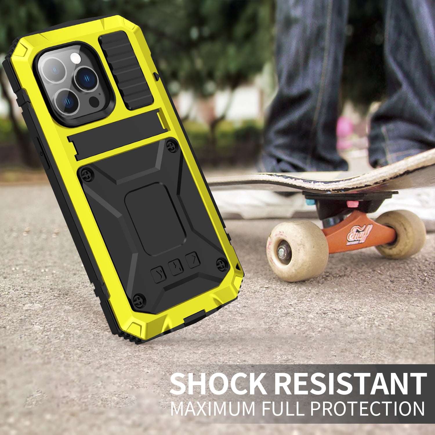 iPhone 14 Pro Max Rugged Full-Body Case, Metal Bumper Built-in Screen Protector&Kickstand,Dustproof and Drop-Proof,Full Body Protection Heavy Duty Rugged Military Cover For iPhone 14 Pro Max, Yellow
