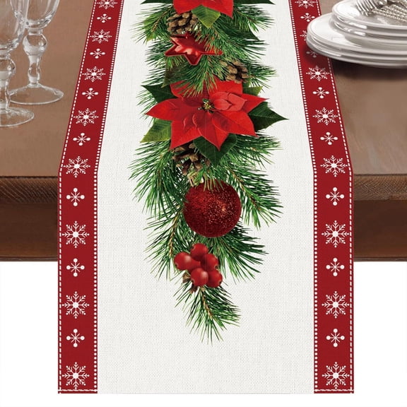 Watercolor Poinsettia Red Christmas Table Runner with White Snowflake,Seasonal Winter Xmas Party Decoration Holiday Indoor Home Kitchen Decor 13 x 72 Inch