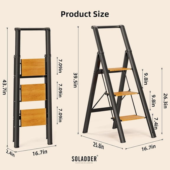 3 Step Ladder with Handrails Anti-Slip Foldable Stool for Home Kitchen