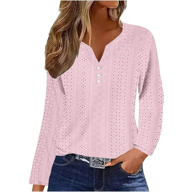 Timegard Hauts à Illets pour Femmes Blouse à Boutons Col en V Cranté Manches Longues Décontractée Automne