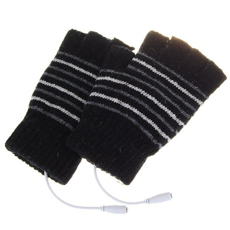 Black Computer USB Heated Gloves Half Finger Winter Warm Hand For Women Men