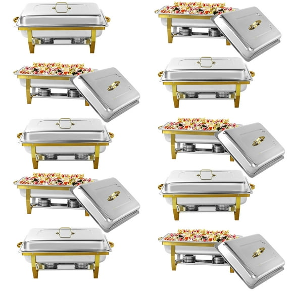 Jacgood Rectangle Golden Chafing Dish Buffet Set, 8Qt 10 Pack Full Pan Stainless Steel Catering Warmer Set with Water Pan for Home Party, Buffets, Wedding, Banquet, Catering Events