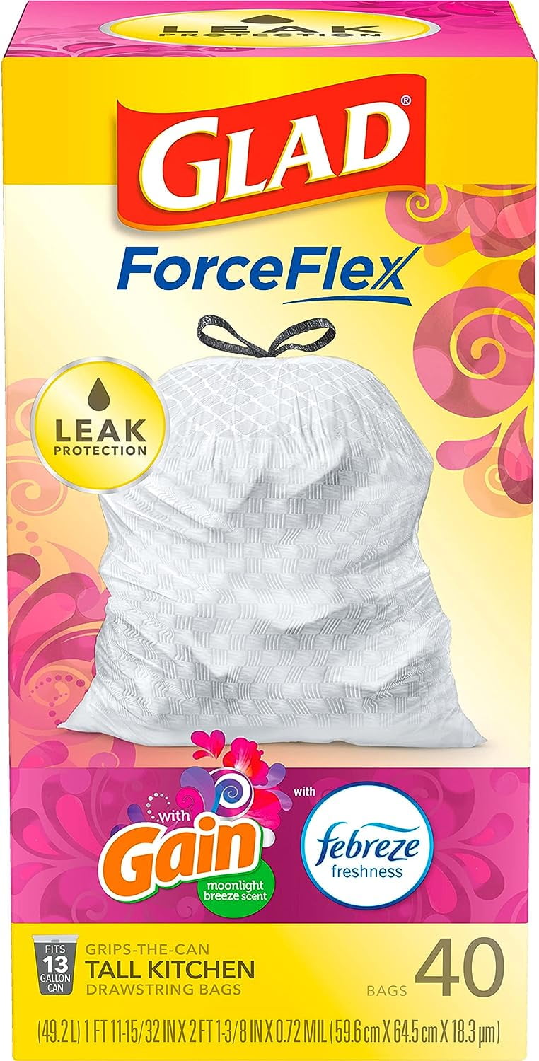 Glad Tall Kitchen QuickTie Trash Bags, OdorShield 13 Gallon White