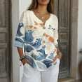 thumbnail image 3 of Xoenoiee Koi Fish Sea Waves Print Linen Shirts for Women Summer 3/4 Sleeve Button Down Blouse Lightweight Gauze Loose Casual Fashion Shirt Clothes, L, 3 of 7