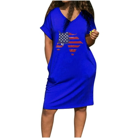 

YanHoo Women s T-Shirt Dresses Independence Day Print Short Sleeve Dress Casual Summer Basic V Neck Midi Dress