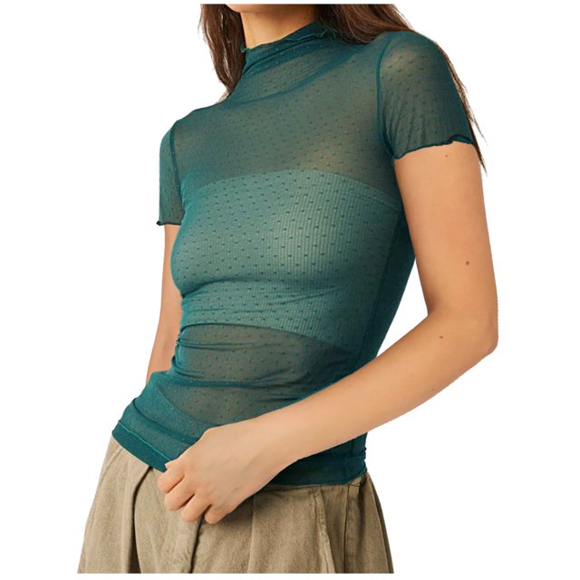 Top de manga corta de malla para mujer - Blusa transparente con cuello alto y bordado de lunares - Camiseta versátil informal/de fiesta - Tallas S-XL