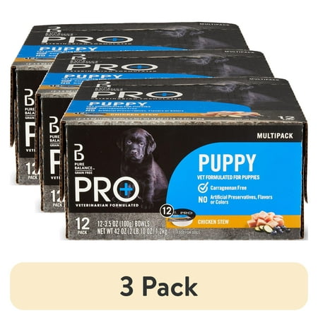 (3 pack) Pure Balance Pro+ Chicken Stew Wet Dog Food for Puppies, Grain Free, 3.5 oz Cups (12 Pack)