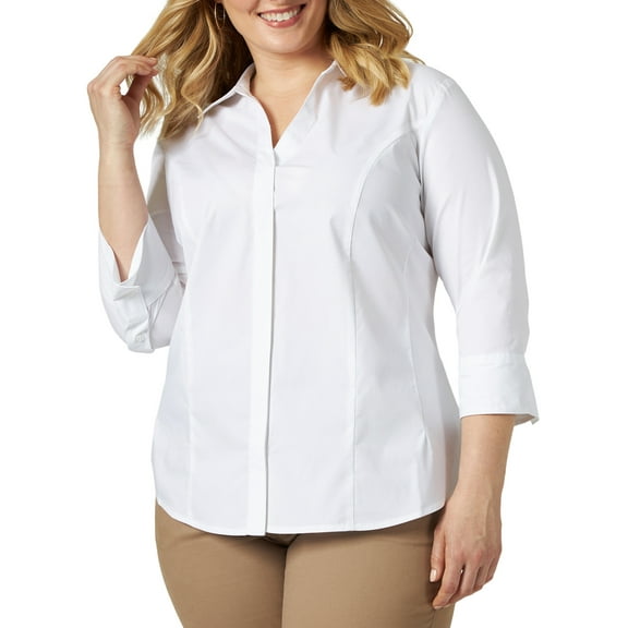 Indigo Womens Plus Bella Poplin 3/4 Sleeves Button-Down Top