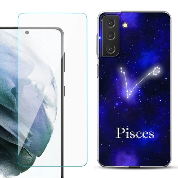 Slim-Fit TPU Fashion Phone Case for Samsung Galaxy S21 FE 5G Fan Edition, with Tempered Glass Screen Protector, by OneToughShield ® - Zodiac / Pisces