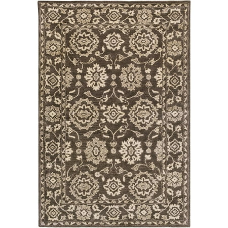 - 2’ X 3’ Flower Valley Dark Chocolate and Blanched White Floral Wool Throw Rug with Decorative Border