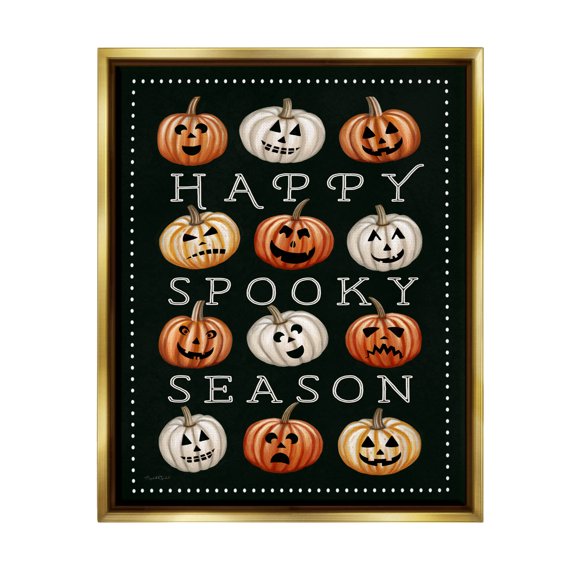 Stupell Industries Happy Spooky Season Pumpkins Graphic Art Metallic Gold Floating Framed Canvas Print Wall Art, Design by Elizabeth Tyndall